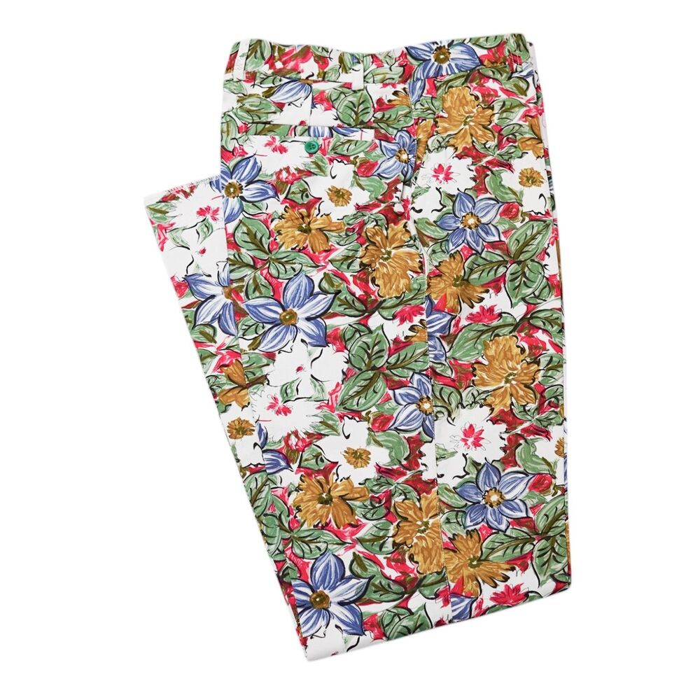 Mens 32 Floral Print Cotton Pants Multicolor Straight Fit Flat Front Trousers